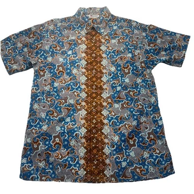 Keris моды батик рубашка мужская маленький синий и коричневый Trippy коротким рукавом хлопок - Изображение 1 из 4