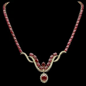 Luxurious Oval Cut Red Lab Created Ruby Handmade Women's Tennis Silver Necklace - Picture 1 of 7