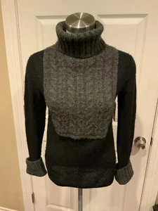 Tory Burch Black Wool Turtleneck Sweater w/ Gray Cable Knit Bib, Size XS - Picture 1 of 6
