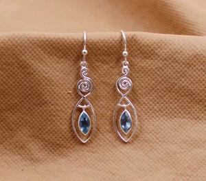 Massiver 925 Sterling Silber Schmuck Schweizer Blautopas Silber zierlicher Ohrhänger - Bild 1 von 3