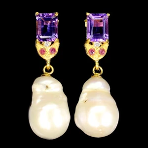 925 Sterling Silver Earrings Octagon Amethyst Ruby Pearl Gemstone Jewelry - Picture 1 of 10