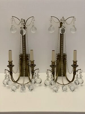 PAIR Vintage Brass French Directories Crystal Ball Beaded Wall Sconces 24” - Image 1 of 4