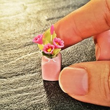 Dollhouse Miniatures Pink Flower Gazania Ceramic Vase Pot 1:12 Mini Tiny Set