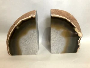 Pair of Agate Geode Bookends Rough Outside Brown White Crystal Inside V GOOD - Picture 1 of 7