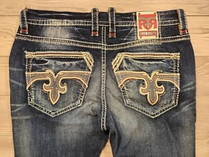 New Rock Revival Jeans Mens 40x31.5 Foxx Straight Stretch Denim Embellished Logo - Picture 1 of 14