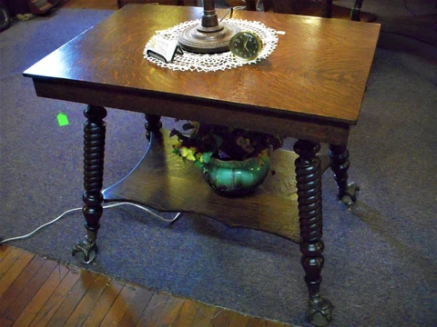 Antique Oak Table Library Lamp parlor  36" refinished Merklin glass ball Feet Cover