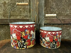 Cestino secchiello Happy Valentine's stile vintage retrò metallo legno manico cauzione 2pz - Foto 1 di 7