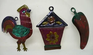 Lot of 3 Decortive Tin Cut Outs Gloss Painted Rooster/Chile Pepper/Birdhouse - Picture 1 of 6