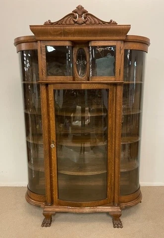 Antique Oak Curved Glass China Cabinet With Claw Feet Star Cut Glass Insert Cover