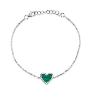 Bracciale Charm Cuore Diamante Malachite Oro Bianco 14K Naturale 0,90 CTW - Foto 1 di 2