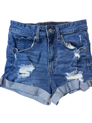 "Pantalones cortos de mezclilla Aeropostale desgastados con puños tiro alto midi talla 4 entrepierna 3""" Foto 1 de 4