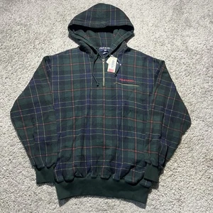 NWT Vintage 90s Polo Sport Ralph Lauren Green Plaid Half-Zip Hoodie Sweatshirt M - Picture 1 of 7