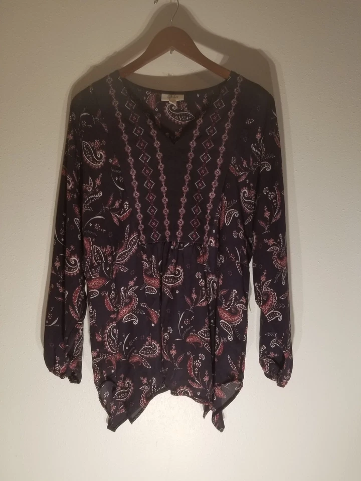 Style & Company 2x Dark Purple Long Sleeve V Neck Blouse Paisley Grape Vneck