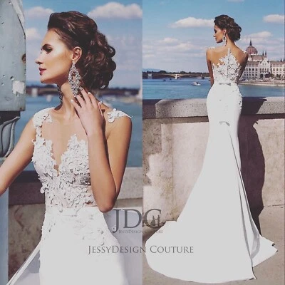 Summer Illusion Bodice 3D Lace Flowers Wedding Dress Bridal Gown Custom made - Image 1 of 4