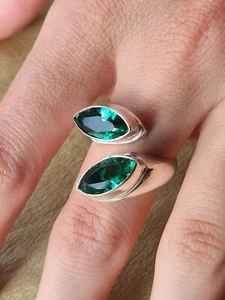 Sterling Silver Dual Green Accented Bypass Wrap Ring 925 - Picture 1 of 10