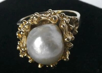 Vintage 14k Gold Grey Baroque Pearl Modernist Brutalist Nugget Mount Ring 7.5g - Image 1 of 4