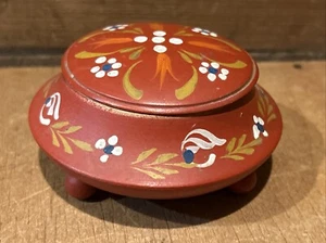 Vintage handbemalte Volkskunst Norwegische Rosemaling Runde Holz Schmuckschatulle - Bild 1 von 8