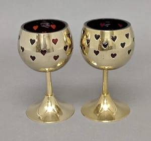 Votive Candle Holder Brass Red Glass Liner Heart Cutouts 3"D 6"High Set/2 - Picture 1 of 5