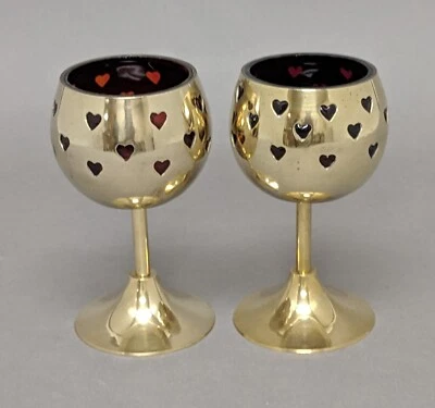 Votive Candle Holder Brass Red Glass Liner Heart Cutouts 3"D 6"High Set/2 - Image 1 of 4