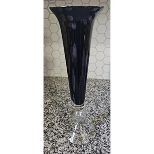 Vintage Black Amethyst MCM Blown Glass Art Vase With Clear Bubble Base 16.5" - Picture 1 of 16