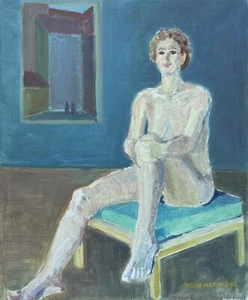 Desnudo femenino expresionista sentado en un taburete moderno danés Midcentury  - Imagen 1 de 12