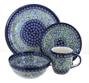 Blue Rose Polish Pottery Seaside Swirl 16 PC Dinnerware Set - Picture 1 of 1