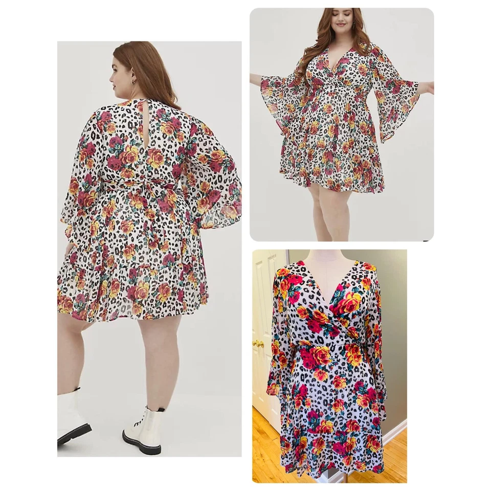 Nuevo Vestido Torrid 2 (2X) Betsey Johnson Blanco Leopardo Gasa Floral Manga Campana Foto 1 de 1