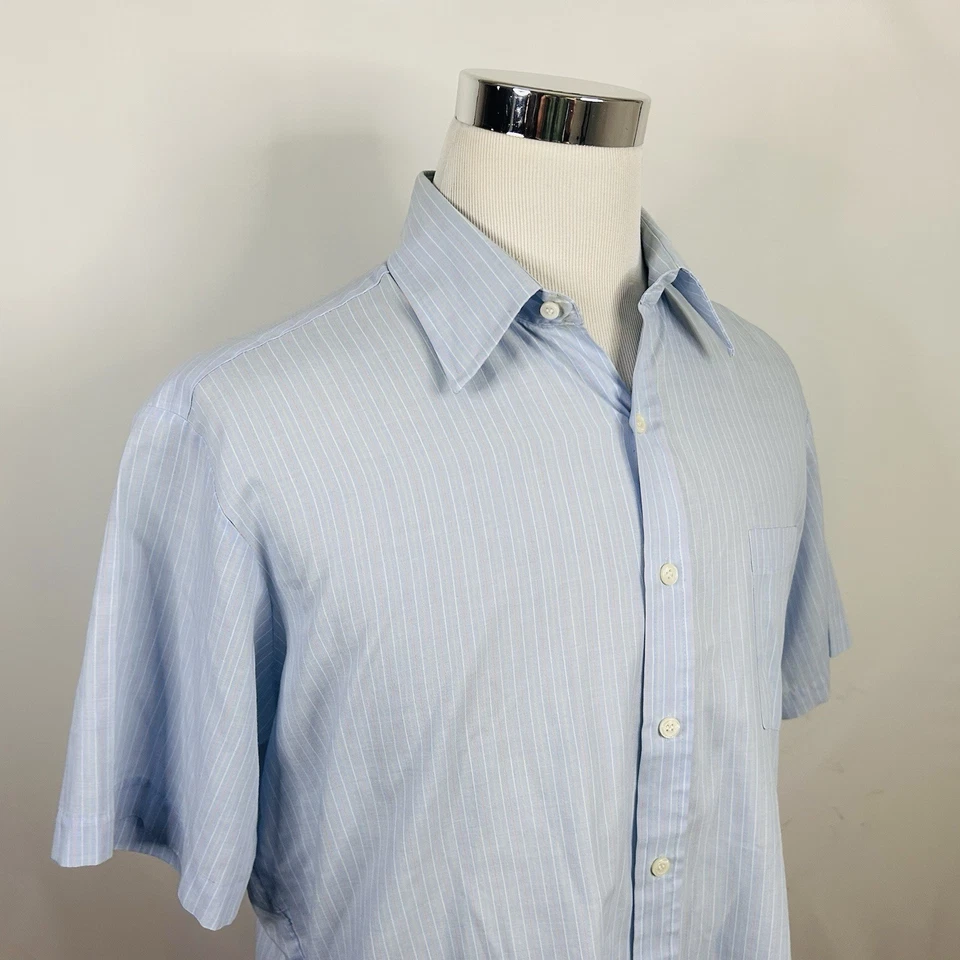 Camisa de Vestir Sears 17 Vintage Perma Prest Manga Corta Azul Rayas Mezcla de Algodón Foto 1 de 4