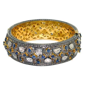 9.95ct Uncut Diamond Blue Sapphire Gold Plated Oxidized Bangle 925 Silver - Picture 1 of 5