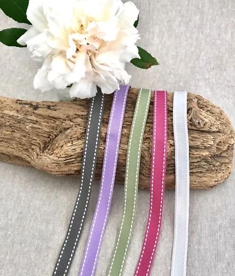 13mm Saddle Stitch Ribbon Pastel Grosgrain 1m 3m Sage Green Pink Grey craft bow - Image 1 of 2