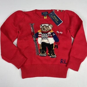Polo Ralph Lauren Big Girls Size 6 Polo Ski Bear Red Cotton Knit Sweater - Picture 1 of 9