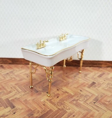 Reutter Porcelain Dollhouse Double Sink White Gold Bathroom 1:12 Scale Miniature