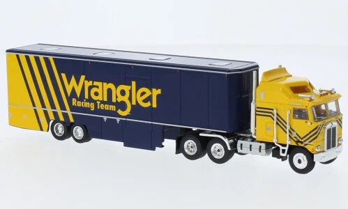 BREKINA 85737 Scala HO Kenworth K 100 Aerodyne Renntransport-SZ Wrangler Racing - Immagine 1 di 1