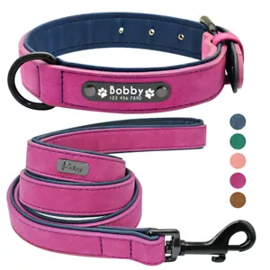 Padded Leather Dog Collar and Lead set with Personalised Engraved Name ID Tag - Picture 1 of 27