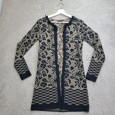 Cárdigan suéter Gottardi para mujer pequeño negro beige floral flecos frente abierto Foto 1 de 4