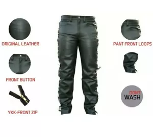 Herren Motorrad Rindsleder Jeans Stil Seitenschnürsenkel Nachtclubhose - Bild 1 von 4