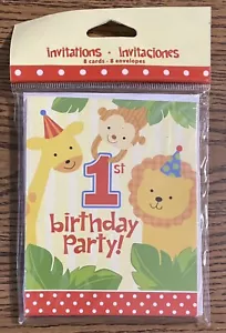 Zoo Jungle Safari Animals 1st Birthday Party Invitations & Envelopes 8 ct - Picture 1 of 2