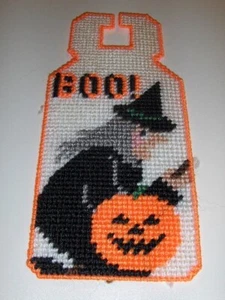 NEW completed plastic canvas door knob hanger - Boo - witch and pumpkin - Picture 1 of 1