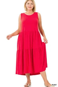 Solid Plus Size Sleeveless Tiered Midi Dress - Picture 1 of 5