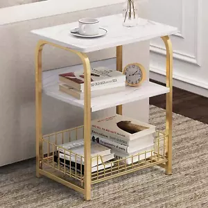 End Table Side Table 3 Tiers White Marble Nightstand Industrial Retro Storage Sh - Picture 1 of 9