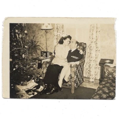 Adorable Couple Vintage Photo Girl Sitting Navy Sailors Lap Christmas Tree 1940s - Image 1 of 4