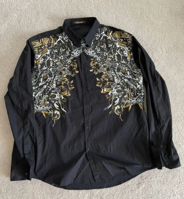 ROBERTO CAVALLI Camisa Negra Manga Larga, Estampado Serpiente Serpiente, Talla 45, 18 1/2 Foto 1 de 4