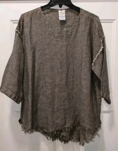 Women's Match Point Brown Linen Lagenlook Minimalist Kimono Sleeve Tunic Top Sm - Picture 1 of 3