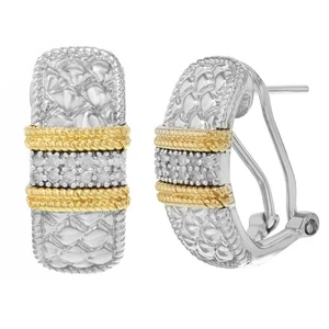 Round Cut Diamond Ladies Huggies Earrings 14k White & Yellow Gold 0.03cttw - Picture 1 of 3