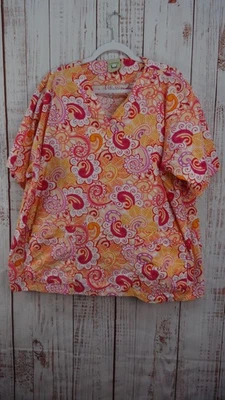 Cottonality Scrub Top Womens 2X Multicolor V-Neck 100% cotton Short Sleeve - Image 1 of 4