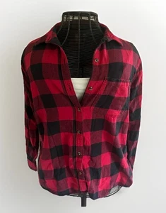 Camisa para mujer SO roja y negra a cuadros de franela de algodón con botones talla L - Imagen 1 de 7