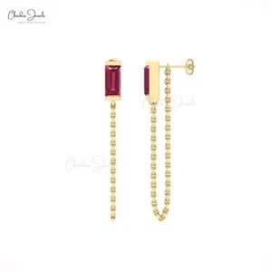 6X3mm Half Bezel Set Pink Tourmaline 14k Gold Delicate Chain Earring For Women - Picture 1 of 22