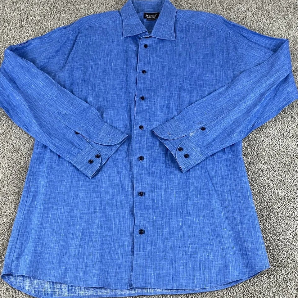 Camisa con botones St. Croix para hombre XL 100 % lino azul trabajo oficina preppy Italia A2 Foto 1 de 4