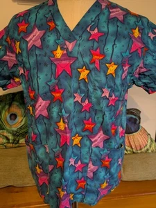 Vtg women's Peaches scrub top blue with smiley face stars size small medical - Picture 1 of 7