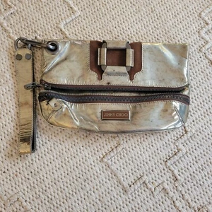 Jimmy Choo Clutch Wristlet Bag Foldover Metallic 11 X 6 Distressed Logo Y2K - Picture 1 of 15
